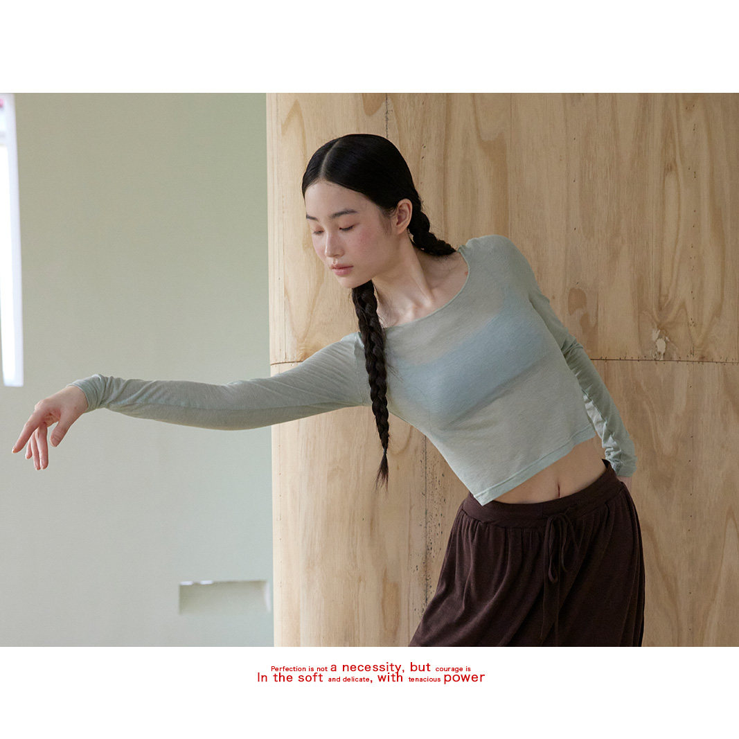 piisure 발레 시스루 크롭 긴팔 티셔츠